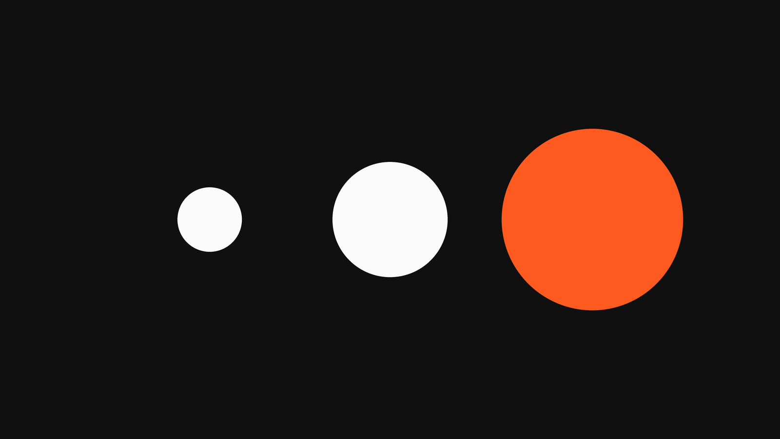 Illustration abstraite : trois disques alignés de tailles croissantes sur fond noir, le plus grand en orange